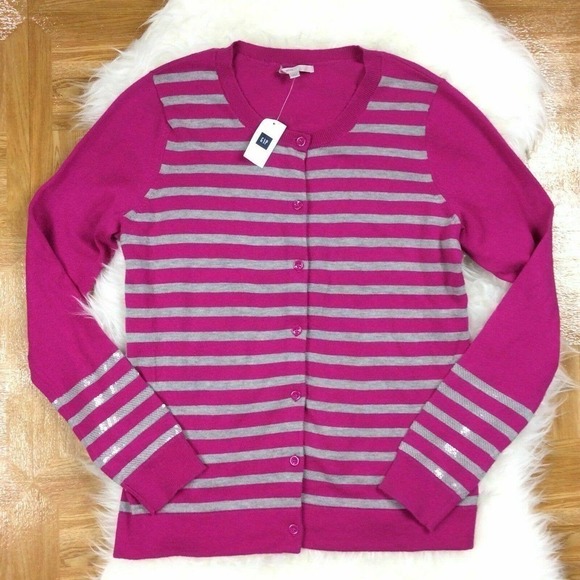NEW Gap Striped Wool Cardigan Sweater Sequin Medium Purple - Picture 1 of 7